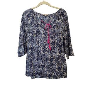 Milly Design Nation Sz S Navy Blue White Flare Sleeve Blouse Cotton Tassel Tie